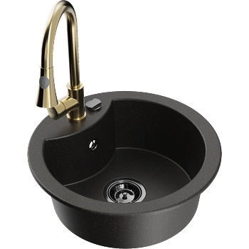 Mexen Diego едночелен мивка от гранит с кухненски смесител Elia, черно/златно металик - 6512-75-670101-50-B (6512-75-670101-50-B)