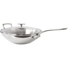 Mauviel Wok s nerezovým uchem a rukojetí a skleněnou poklicí 32 cm