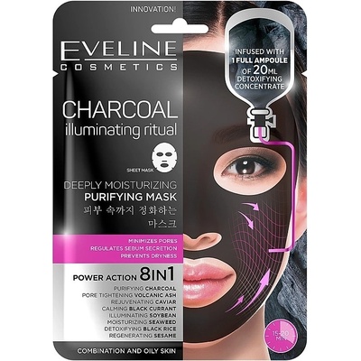 Eveline Cosmetics hĺbkovo čistiaca hydratačná maska s čiernym uhlím 8v1 20 ml