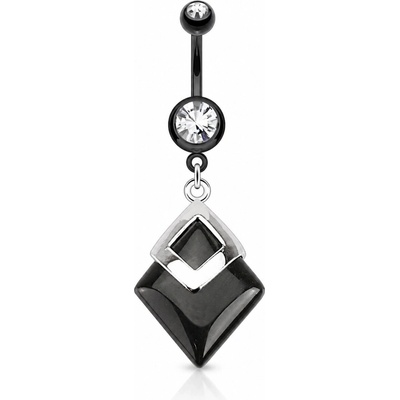 Šperky eshop Visací ocelový piercing do pupíku černý achát ve tvaru kosočtverce kulatý zirkon SP16.12