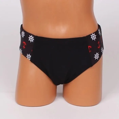 Детски бански тип слип в черно с морски картинки