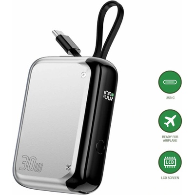 4smarts Power Bank Pocket 10000 mAh 30W - външна батерия с USB-C порт и вграден USB-C кабел (сребрист)