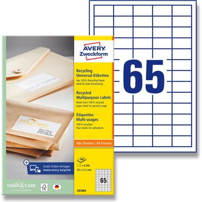 Avery Zweckform LR3666 univerzální etikety 38,0 x 21,2 mm 6500 etiket recyklované bílé