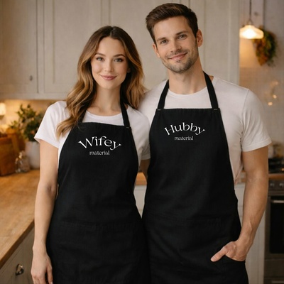 Zástěry s potiskem WIFEY a HUBBY MATERIAL, pro pár