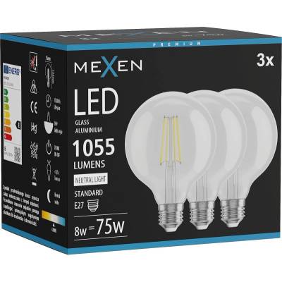Mexen Vintis 3x LED нишкова крушка E27, G95, 8W, Неутрална - 4000K, 1055 lm, прозрачна (L157-E27-0840-00x03)