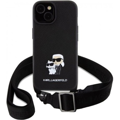 Karl Lagerfeld Saffiano Crossbody Metal Karl and Choupette s nastaviteľným popruhom iPhone 15 Plus - čierne