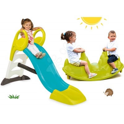 Smoby Set hojdačka Tuleň obojstranná s vodotryskom zelená a šmykľavka Toboggan KS s vodou dĺžka 150 cm modrá