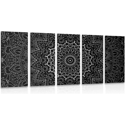 5-dílný obraz vintage Mandala v indickém stylu v černobílém provedení - 150x75