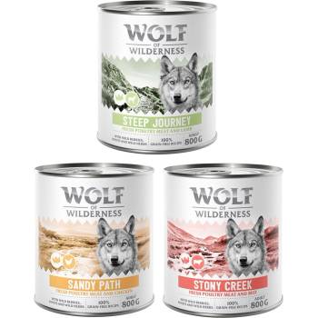Wolf of Wilderness 6x800г Adult Wolf of Wilderness, консервирана храна за кучета - смесена опаковка (2x птиче с пилешко, 2x агнешко, говеждо)