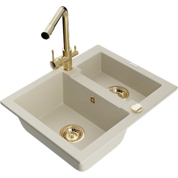 Mexen Carlos гранитна мивка 1, 5-камерна с кухненски смесител Duero, бежов - 6518-69-671600-50 (6518-69-671600-50)