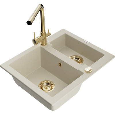 Mexen Carlos гранитна мивка 1, 5-камерна с кухненски смесител Duero, бежов - 6518-69-671600-50 (6518-69-671600-50)