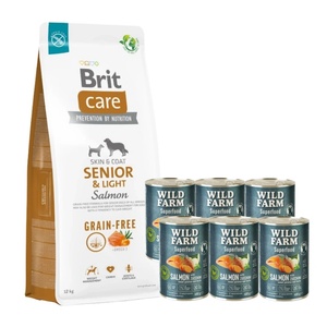 Brit CARE Беззърнена храна за кучета Senior & Light Salmon 12кг + WILD FARM Superfood Salmon 6x400g беззърнена храна за кучета