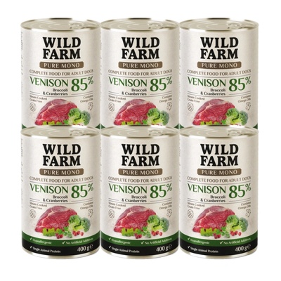 WILD FARM PURE MONO Елено месо, броколи и червена боровинка 6x400 г - монопротеинова храна за кучета