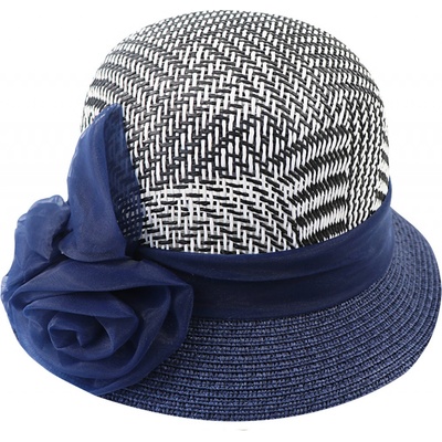 Biju Dámsky slamený klobúk prevedenie s ozdobnou ružou 9001440-5 modro-biele