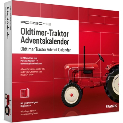 FRANZIS 67067 Porsche Oldtimer-Traktor Adventskalender Modellbausatz im Maßstab 1:43 inkl. Soundmodul und 52-seitigem Begleitbuch