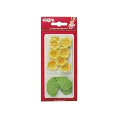Dekorácia - Cukrová žlté kvietky+lístky (1ks)