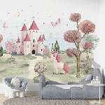Art Gift Decor Детски фототапет с еднорог и вълшебен замък в розови тонове