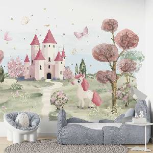 Art Gift Decor Детски фототапет с еднорог и вълшебен замък в розови тонове