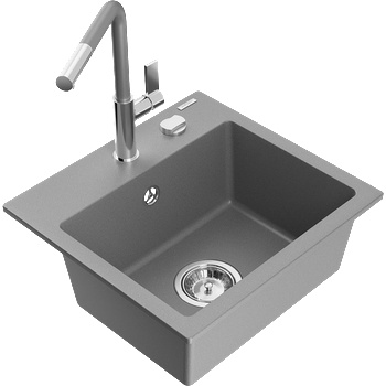 Mexen Milo гранитна мивка с 1 корито с кухненски смесител Flora, сив - 6505-71-670401-06 (6505-71-670401-06)
