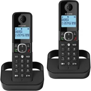 Alcatel Безжичен DECT телефон Alcatel F860 DUO, 1 линия, адресна памет за 100 номера, функция "свободни ръце", бутон "mute", черен (1015160_1) Телефонни апарати