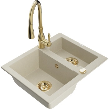 Mexen Carlos гранитна кухненска мивка с 1, 5 камери и кухненски смесител Savita, бежов - 6518-69-672601-50 (6518-69-672601-50)