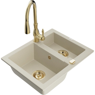 Mexen Carlos гранитна кухненска мивка с 1, 5 камери и кухненски смесител Savita, бежов - 6518-69-672601-50 (6518-69-672601-50)