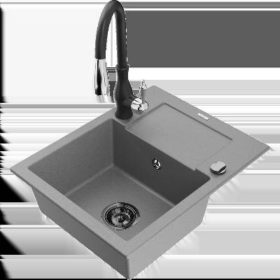 Enzo кухненска мивка от гранит с 1 отделение с отцедник и кухненски смесител Savita, сив - 6506-71-672601-70-B (6506-71-672601-70-B)