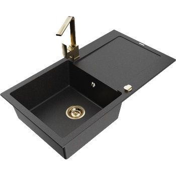 Mexen Leo гранитна кухненска мивка с 1 корито, отцедник и Rita смесител, черен/сребрист металик - 6501-73-670300-50 (6501-73-670300-50)