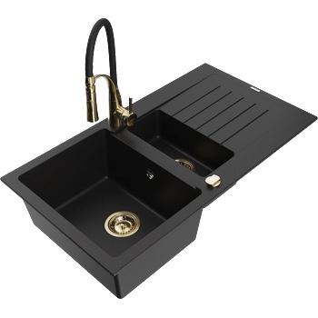 Mexen Matias гранитна мивка 1, 5-коморна с отцедник и кухненски смесител Aster, черен - 6502-77-73450-57-G (6502-77-73450-57-G)