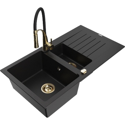 Mexen Matias гранитна мивка 1, 5-коморна с отцедник и кухненски смесител Aster, черен - 6502-77-73450-57-G (6502-77-73450-57-G)