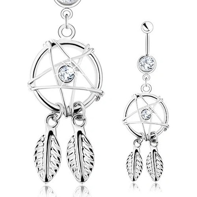 Šperky eshop piercing do pupíku ocel lapač snů pentagram pírka čiré zirkony SP31.13