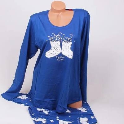 Тъмносиня макси пижама с коледна картинка в бяло