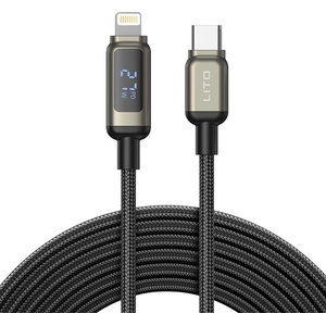 Lito - Кабел за данни (LD15) - Type-C към Lightning, бързо зареждане, плетен найлон, 60W, LED дисплей - Черен