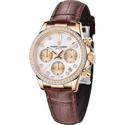 Pagani Дамски часовник Pagani Design Cheri с кристали, Естествена кожа, Кафяв / Златист (PD-1730-BROWN-GOLD)