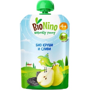BioNino Био плодова закуска BioNino - Пауч с круши и сливи, 4 м+, 90 g (BN2515) - baby