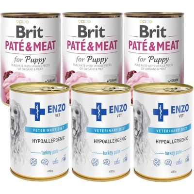 Brit Paté & Meat Puppy 3 x 400 g & Enzo Vet hypoalergénne krmivo s morkou 3 x 400 g