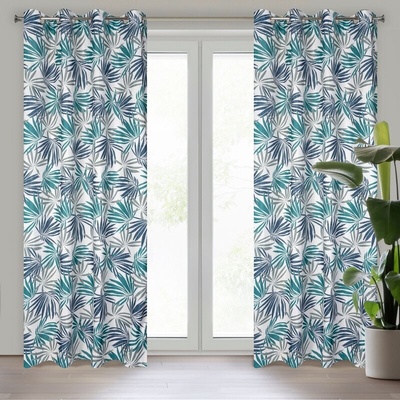Takoy DESIGN 91 Závěs ELINA s potiskem tyrkysově-námořnických listů na bílém podkladu z lehké mikrovlákna-HF-389847 | 140 x 250 cm