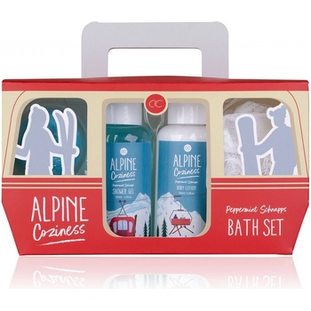 Accentra Alpine Coziness sprchový gél 100 ml + telové mlieko100 ml + šumivá bomba do kúpeľa 60 g + umývacia huba darčeková sada