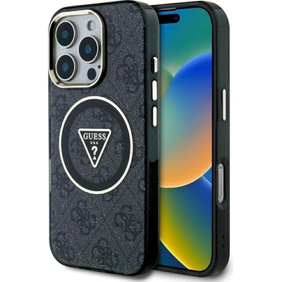 GUESS IML Metal Glitter 4G Circle Triangle MagSafe Case за iPhone 16 Pro - черен