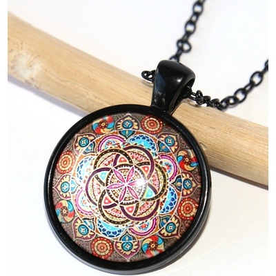 Jewerly Fashion Řetízek Amulet Posvátná geometrie, Květ života, Merkaba, Barevná mandala v černém 2536