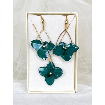Meganflo Комплект бижута от истински цветя: обеци и колие с хортензия в смарагдово зелено