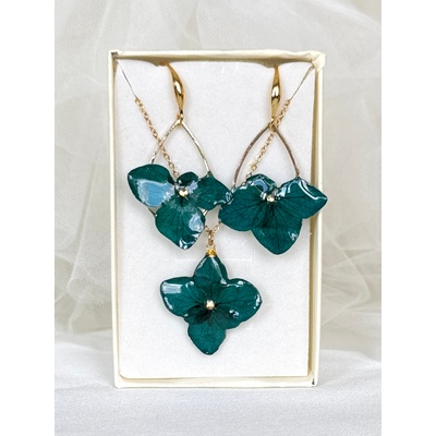 Meganflo Комплект бижута от истински цветя: обеци и колие с хортензия в смарагдово зелено