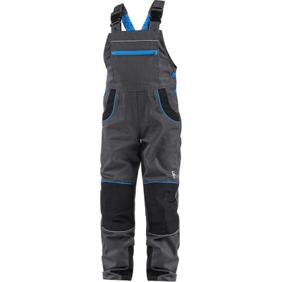 Canis CXS Pracovné nohavice s náprsenkou PHOENIX CASPER detské sivé s čiernymi a modrými
