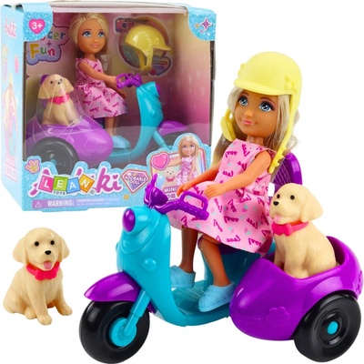 LEAN Toys 24477 Mini bábika Ankiki na trojkolesovom skútri so psíkom