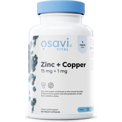 Osavi Zinc + Copper, zinek a měď, 15 mg + 1 mg, 120 rostlinných kapslí