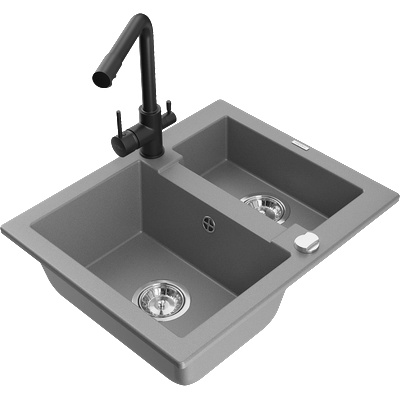Mexen Carlos гранитна мивка 1, 5-коморна с кухненски смесител Duero, сива - 6518-71-671600-70 (6518-71-671600-70)