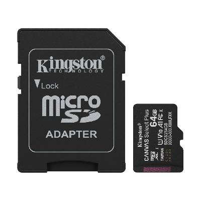 Карта памет 64GB microSDHC с адаптер, Kingston Canvas Select Plus, Class 10 UHS-I, скорост на четене до 100MB/s (SDCS3/64GB)