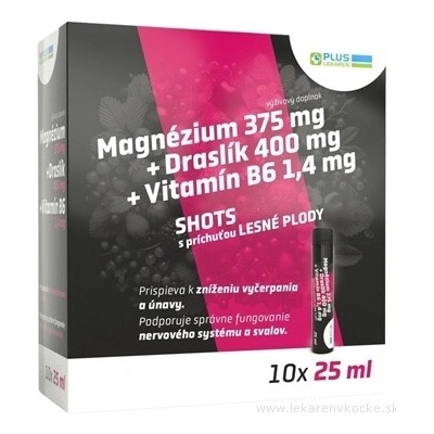 PLUS LÉKÁRNA Magnézium + Draslík + Vitamin B6 SHOTS lesní plody 10 × 25 ml