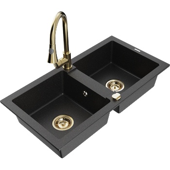 Mexen Mario двубасейнова гранитна мивка с кухненски смесител Elia, черен/сребърен металик - 6504-73-670101-50 (6504-73-670101-50)