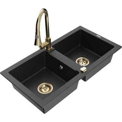 Mexen Mario двубасейнова гранитна мивка с кухненски смесител Elia, черен/сребърен металик - 6504-73-670101-50 (6504-73-670101-50)